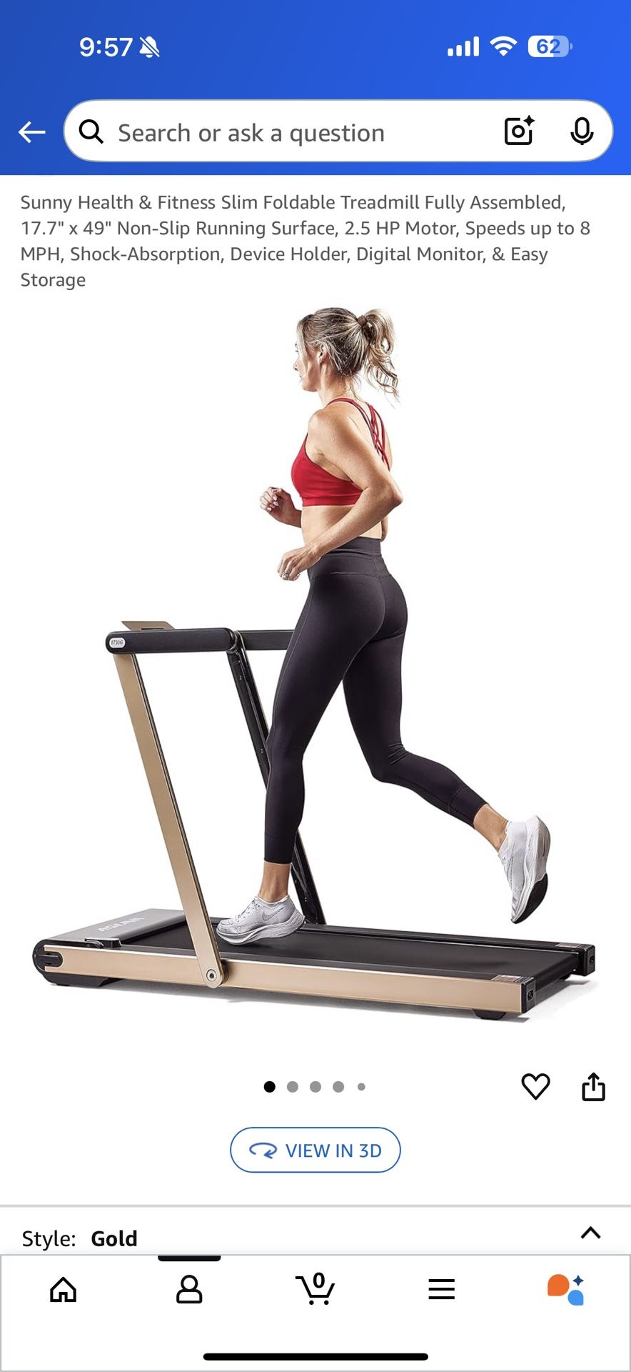 Sunny Health & Fitness Slim Foldable Treadmill Fully Assembled, 17.7" × 49" Non-Slip Running Surface, 2.5 HP Motor, Speeds up to 8 MPH, Shock-Absorpti