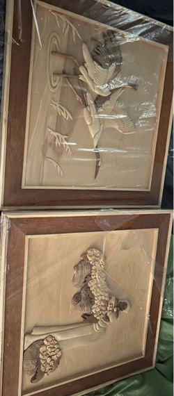 Vintage Mid-Century 3D Wood Art Plaques – Crane & African Lady (Set of 2)