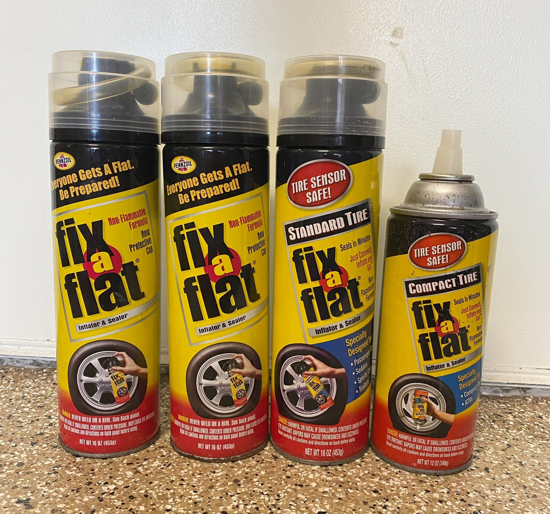 FIX-A-FLAT INFLATOR & SEALER 16 OZ CANS – QTY 3 BRAND NEW CANS + FREE CAN OF COMPACT TIRE FIX-A-FLAT
