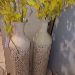 2 Metal Vases With Art. Flowers And Lights