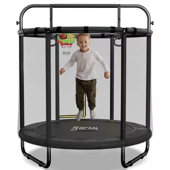 BCAN 55" Trampoline for Kids with Thickened Enclosure Net, Toddler Trampoline Indoor/Outdoor with Adjustable Gymnastics Bars & Basketball Hoop