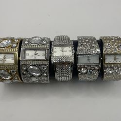 Lot Of 5 Vintage Stone Quartz Cuff Wristwatches - Gold - Silver - Rhinestones