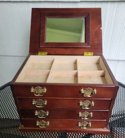 VTG Wood Chippendale Style Jewelry Box Chest Brass Pulls Lift Top Mirror