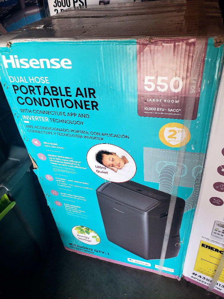 NEW, NUEVO. 
HISENSE, 10,000-BTU DOE. 115-Volt Grey Vented Portable Air Conditioner  with Remote Cools 550-sqft.