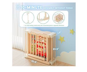 Foldable Wooden Playpen - Adjustable Wood Baby Play Yard with Child-Proof Lock, Indoor Large Safety Fence for Babies and Toddlers - Easy Assembly, 55 