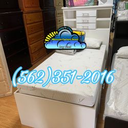 Storage White Bed Frame With Drawers & Memory Foam Mattress Set- Cama Blanca Con Cajones Completo Con Colchon Bamboo Suave 