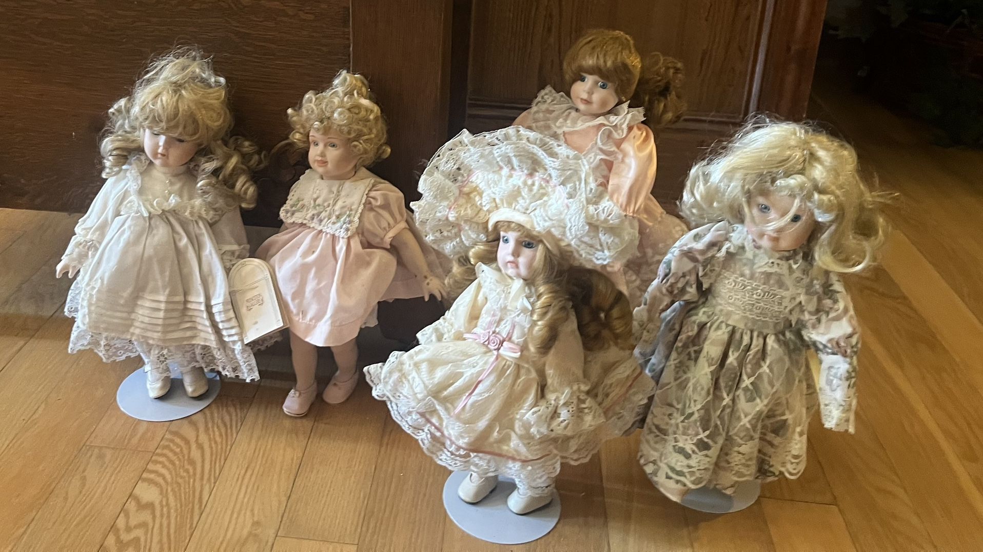 Set of 5 Vintage Porcelain Dolls with Stands