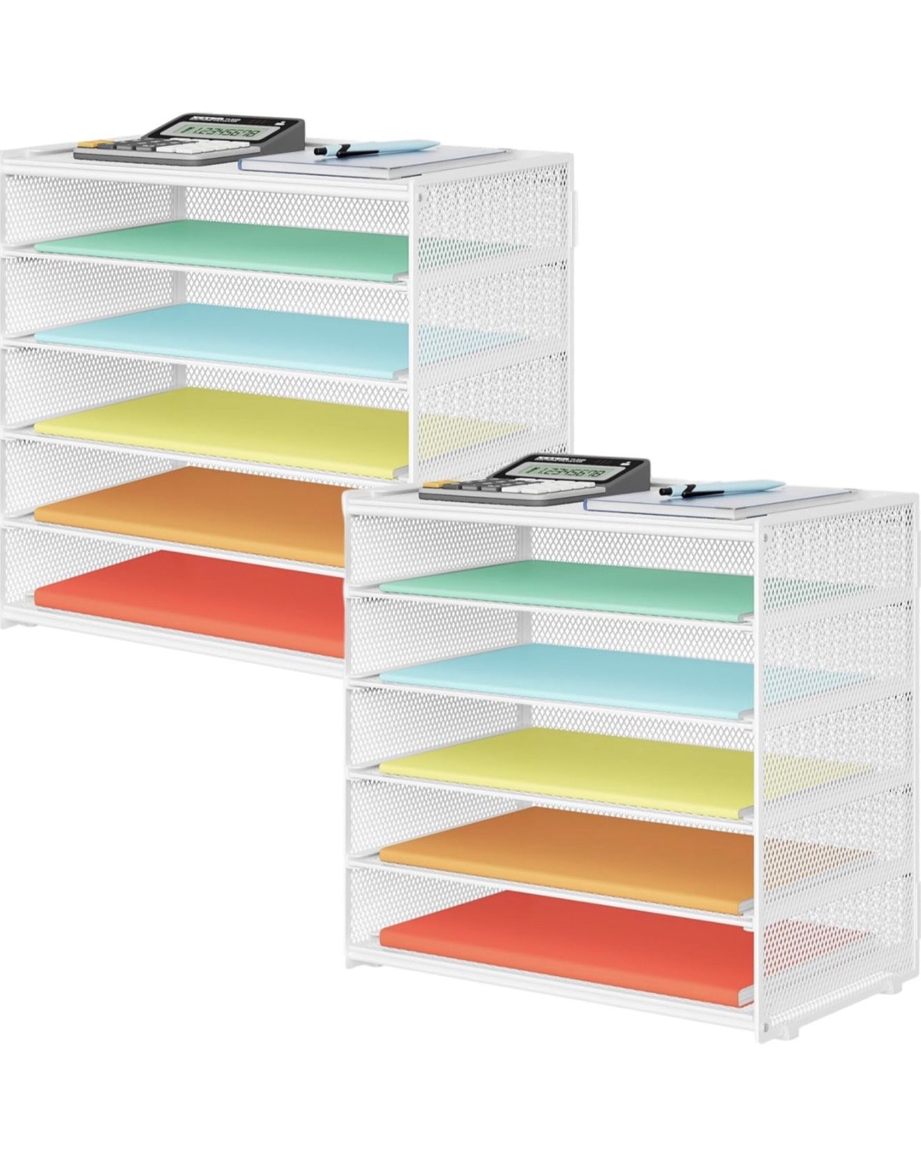 2 Pack White 6 Tier Paper Organizer, Metal Mesh Desk File Folder, Letter Tray Organizer