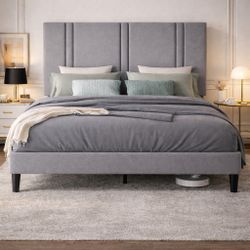 Queen Bed Frame, Platform Bed with Upholstered Velvet Adjustable Headboard, Wooden Slats, Easy Assembly, Grey