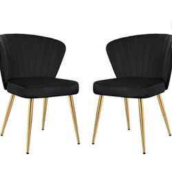 Velvet Dining Chairs,Golden Metal Legs,Set of 2,Black
