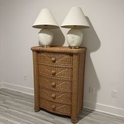 Vintage Coastal Dream Set , wicker chest of drawers & Vtg lamps