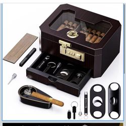 Brand New Cigar Humidor, Cedar Wood Desktop Humidor Cigar Box with Combination Lock
