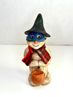 Vintage Folk-Art Style Halloween Snowman in Witch Costume Resin Figurine