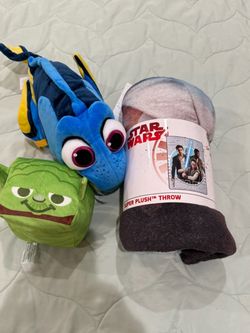 Disney Dory Plush, Yoda Cubee, and Star Wars Throw Blanket Bundle Gift bag all new with tags