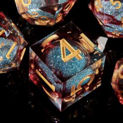 DND-Blue Flow Sand & Golden,DND Dice Set Handmade 7 Accessories Sharp Edge Dice for Dungeons and Dragons TTRPG Games, Multi-Sided RPG Polyhedral Resin