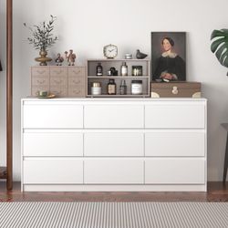 9 Drawer Dresser for Bedroom with Deep Drawers, Large Floor Wood Dressers & Chest of Drawers Handle Free, Modern White Long Dressers for Closet Living