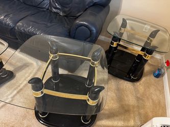 Vintage 1990’s Glass Top End Tables with Black and Gold Base – Set of 3