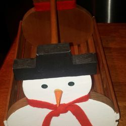 Handcrafted Wooden Snowman Slatted Basket W/Dowel Handle 