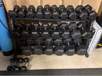 Rubber Hex Dumbbells with Stand