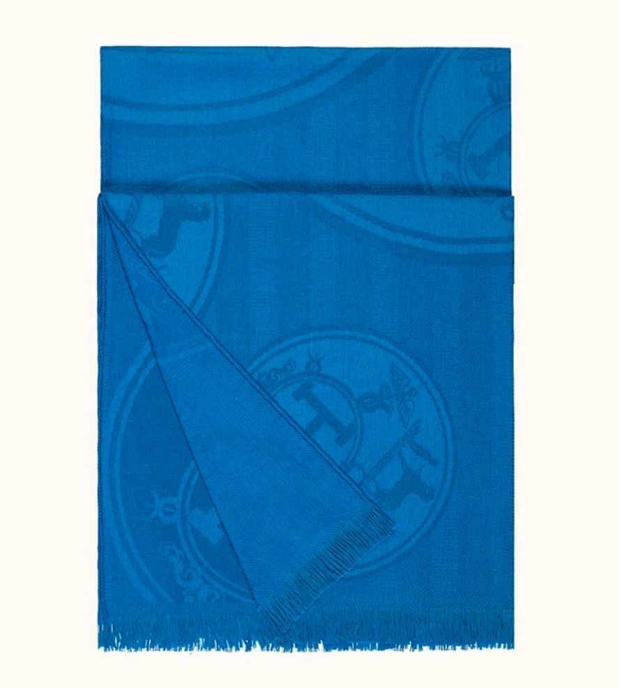 Auth New Hermes Scarf Muffler Stole Libris Bleu Grec Cashmere Silk Woman Shawl H Logo