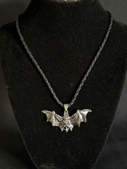 Halloween Silver-Tone Bat Pendant on Braided Cord Necklace