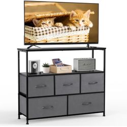 TV Cabinet Stand, 5 Fabric Drawers & Adjustable Feet for Bedroom, Gray