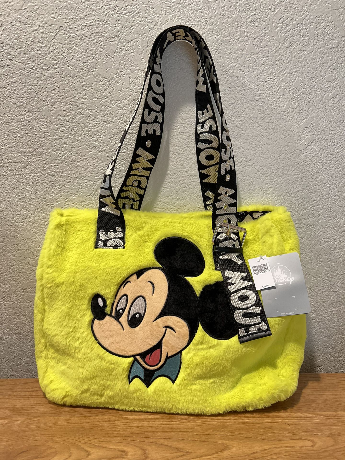 Disney Parks Mickey Mouse Neon Green Faux Fur Fuzzy Tote Bag - Brand New W Tag