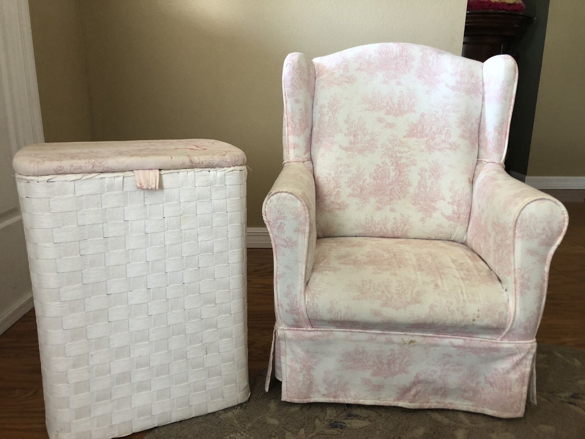 Kids pink toile chair & hamper