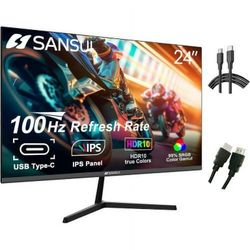 Sansui Monitor 24 inch FHD PC Monitor with USB Type-C, Built-in Speakers Earphone, Ultra-Slim Ergonomic Tilt Eye Care 75Hz with HDMI VGA for Home