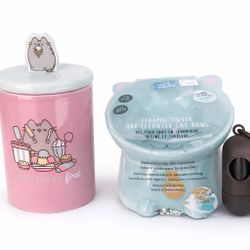 Pusheen Pet Bundle – Treat Jar + Elevated Cat Bowl + Waste Bag Dispenser