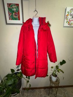 Red Long Puffer Coat with Faux Fur Hood