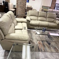 Tan Leather Power Recliner Sofa & Loveseat With Usb Port