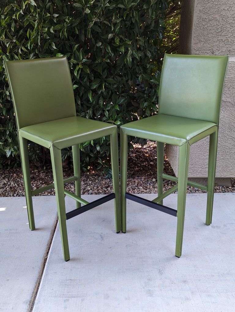 Crate And Barrel Folio Top-Grain Leather Bar Stool Counter Height Chair Green By Maria Yee