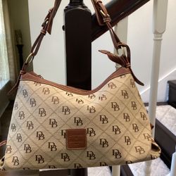 Vintage Dooney & Bourke Brown Leather and Fabric Monogram Hobo Shoulder Bag