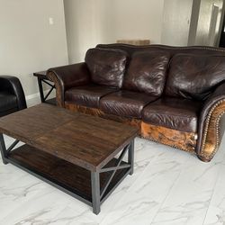 Brown Leather Couch, Chair, And Ottoman American Made