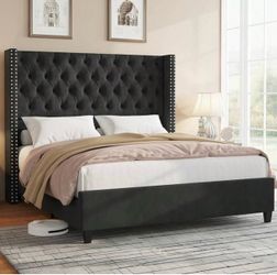 King Velvet Tufted Wingback Bed Frame