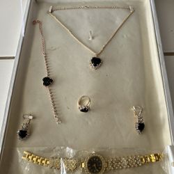 Black & Gold - Bracelet, Necklace, Earings, Ring, and Watch