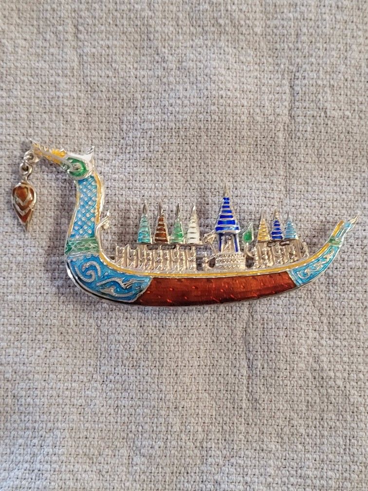 Colorful Far East Broach Sterling Silver Long Boat Vintage 1970s.