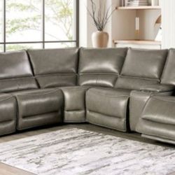Brand New Grey Top Grain Leather Power Reclining Sectional Sofa 