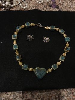 LADIES 18” HANDMADE CLAY SQUARE AND HEART NECKLACE WITH SILVER HEART STONE EARRINGS
