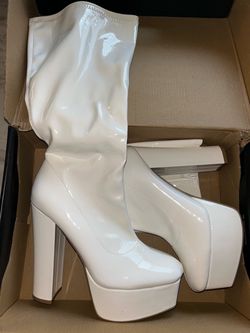 White Leather Platform Block Heel Boots