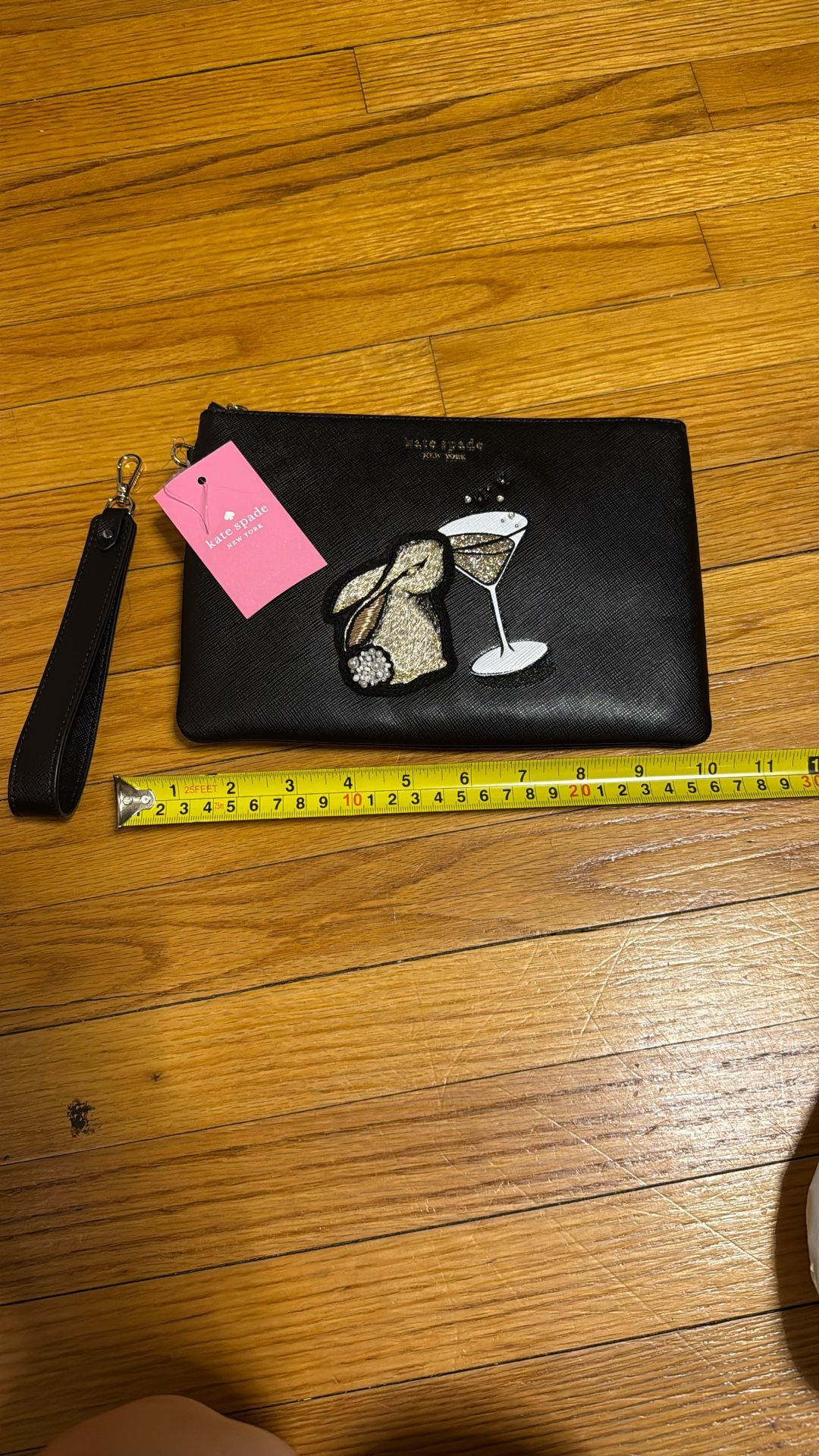 New Kate Spade Wristlet Pouch, Black, Embroidered Bunny