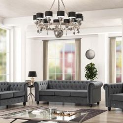 6 Seater Velvet Couches for Living Room Sets, Chesterfield Sofa Loveseat and Armchair 3 Pieces