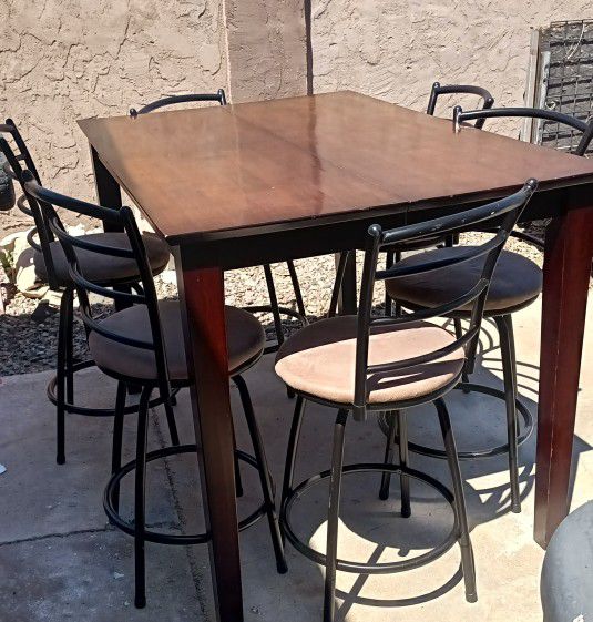 Solid Wood Tall Kitchen Table With 6 High Back Chairs.