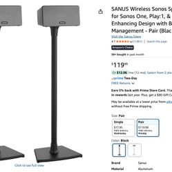 SANUS Wireless Sonos Speaker Stand for Sonos One, Play: 1, & Play:3 - Audio-Enhancing Design with Built-in Cable Management - Pair (Black) - WSS22-B1