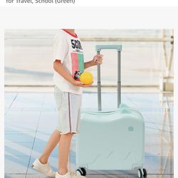 18" Ride-On Kids Suitcase with Double Spinner Wheels, Lightweight Tow-Along Luggage Carry-on Hardside Trolly Case with Password Lock, Rolling Children