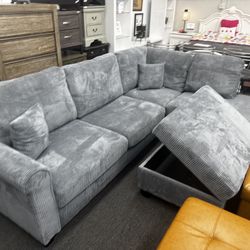 3 Pcs Grey Corduroy Sectional  Including Free Storage Ottoman 