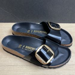 Birkenstock Madrid Big Buckle Slide Sandal, High Shine Black, 8-8.5US / 39EU