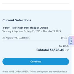 WALT DISNEY WORLD  TWO - 4 DAYS HOPPER TICKETS 