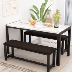 Dining Table Set for 4, Faux Marble Kitchen Table Set with 2 PU Leather Benches, Breakfast Nook Set 